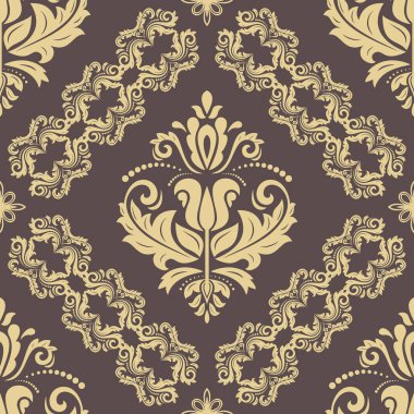 Doğu vektörü kahverengi ve sarı klasik desen. Klasik elementlerle kusursuz soyut bir arkaplan. Oryantasyon düzeni. Duvar kağıtları ve ambalaj için süs