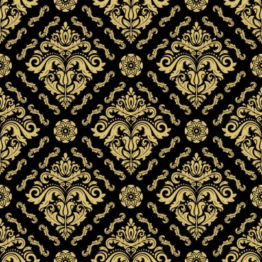 Klasik kusursuz vektör deseni. Damask oryantasyon siyah ve altın süs. Klasik klasik klasik arka plan. Kumaş, duvar kâğıtları ve ambalaj için doğu deseni