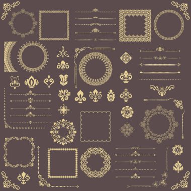Vintage vektör yatay, kare ve yuvarlak elementler. Özgeçmiş ve çerçeveler için elementler. Kahverengi ve sarı klasik desenler. Eski model dizileri