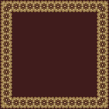 Arabesk ve yön elementleri olan klasik vektör klasik kare çerçeve. Yazı için yeri olan soyut kahverengi ve altın süs. Eski model