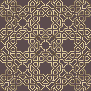 Arap tarzında kusursuz kahverengi ve sarı vektör süslemesi. Geometrik soyut arkaplan. Duvar kağıtları ve arkaplanlar için desenli ızgara