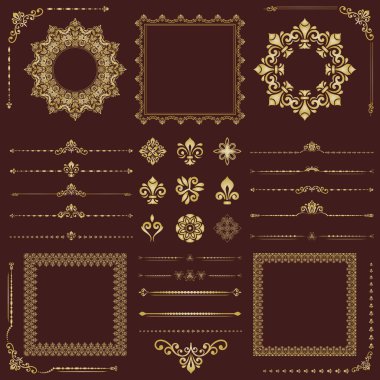 Kahverengi ve altın vektör yatay, kare ve yuvarlak elementlerden oluşan klasik bir set. Özgeçmiş ve çerçeveler için elementler. Klasik şablonlar. Eski model dizileri