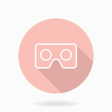 Çemberde VR logosu olan pembe vektör simgesi. Uzun gölgeli düz dizayn. Sanal gerçeklik pembe ve beyaz logo
