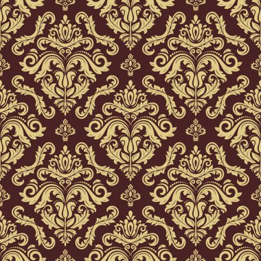 Orient vektörü klasik kahverengi ve altın desenli. Klasik elementlerle kusursuz soyut bir arkaplan. Oryantasyon düzeni. Duvar kağıtları ve ambalaj için süs
