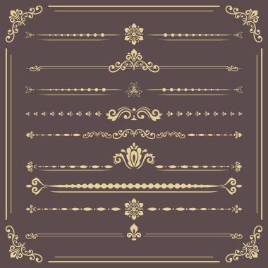 Eski tip vektör dekoratif elementler. Çerçevede yatay ayırıcılar var. Farklı süs eşyaları koleksiyonu. Klasik şablonlar. Kahverengi ve sarı bağbozumu desenleri