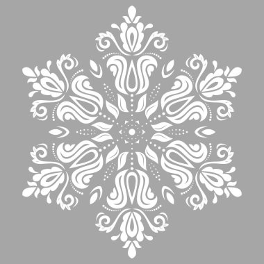 Klasik tarzda zarif, yuvarlak, gri ve beyaz vektör süslemesi. Doğulu elementlerle soyut geleneksel süs. Klasik vintage desen