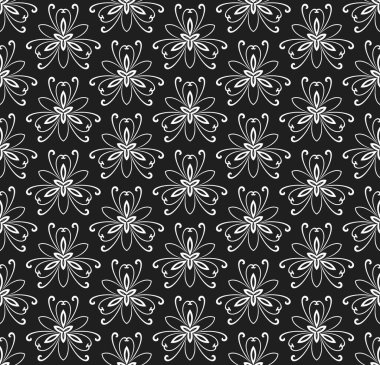 Çiçek vektör süsü. Çiçekli kusursuz soyut klasik arka plan. Siyah beyaz desenli, çiçekli elementler. Duvar kağıdı ve ambalaj için süs