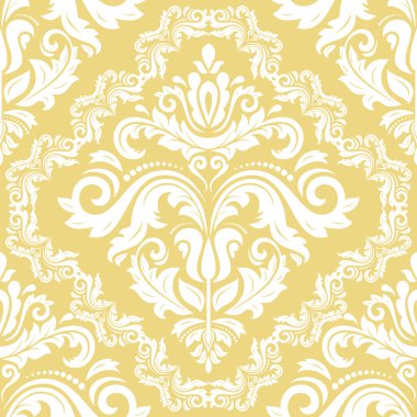 Doğu vektörü klasik sarı ve beyaz desenli. Klasik elementlerle kusursuz soyut bir arkaplan. Oryantasyon düzeni. Duvar kağıtları ve ambalaj için süs