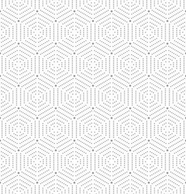 Geometric repeating vector ornament with hexagonal dotted elements. Geometric silver and white modern ornament. Seamless abstract modern pattern