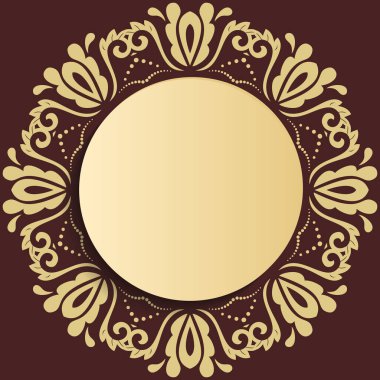 Round vector frame with floral elements and arabesques. Pattern with arabesques. Brown and golden greeting card