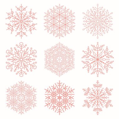 Bir dizi vektör kar taneleri. Pembe kış süsleri koleksiyonu. Kar taneleri koleksiyonu. Arkaplan ve tasarımlar için kar taneleri