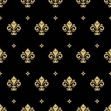 Kusursuz siyah ve altın desenli vektör. Kraliyet zambaklarıyla modern geometrik süs. Klasik arkaplan