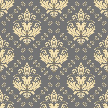 Klasik kusursuz vektör deseni. Damask oryantasyon süsü. Klasik klasik gri ve altın arkaplan. Kumaş, duvar kâğıtları ve ambalaj için doğu deseni