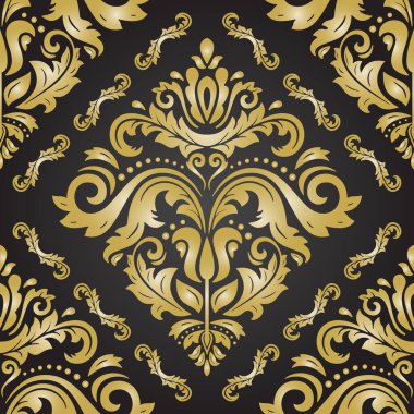 Klasik kusursuz vektör deseni. Damask oryantasyon süsü. Siyah ve altın sarısı bir arka plan. Kumaş, duvar kâğıtları ve ambalaj için doğu deseni
