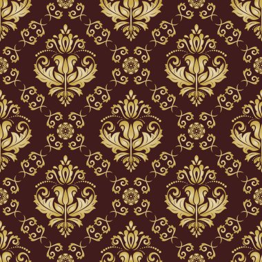 Klasik kusursuz vektör deseni. Damask oryantasyon kahverengi ve altın süs. Klasik klasik klasik arka plan. Kumaş, duvar kâğıtları ve ambalaj için doğu deseni