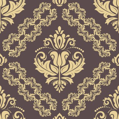 Klasik kusursuz vektör deseni. Damask oryantasyon kahverengi ve sarı süs. Klasik klasik klasik arka plan. Kumaş, duvar kâğıtları ve ambalaj için doğu deseni