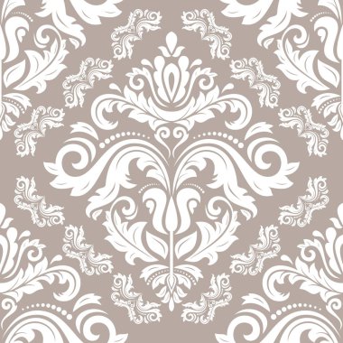 Klasik kusursuz vektör deseni. Damask oryantasyon bej ve beyaz süs. Klasik klasik klasik arka plan. Kumaş, duvar kâğıtları ve ambalaj için doğu deseni