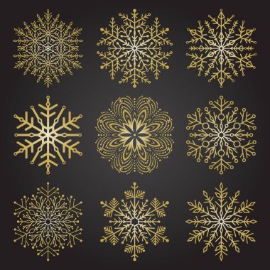Bir dizi vektör kar taneleri. Kış süsü koleksiyonu. Kar taneleri koleksiyonu. Arkaplan ve tasarımlar için siyah ve altın kar taneleri