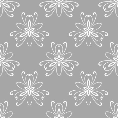 Çiçek taşıyıcı gri ve beyaz süs. Çiçekli kusursuz soyut klasik arka plan. Çiçek elementlerinin tekrarlandığı desen. Duvar kağıdı ve ambalaj için süs