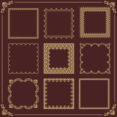 Vintage vektör kalıpları. Dekorasyon ve tasarım çerçeveleri, kartlar, menüler, arka planlar ve monogramlar için kahverengi ve altın kare unsurlar. Klasik desenler.