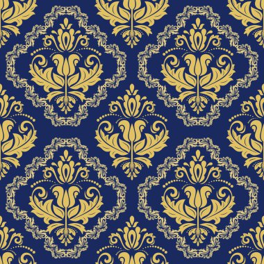 Klasik kusursuz vektör deseni. Damask lacivert ve altın oryantasyon süsü. Klasik klasik klasik arka plan. Kumaş, duvar kâğıtları ve ambalaj için doğu deseni