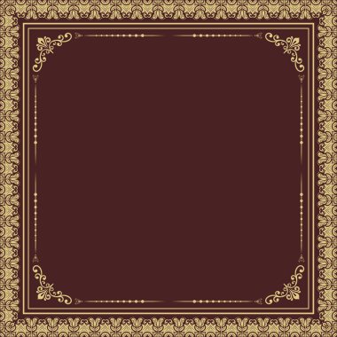 Klasik kahverengi ve altın kare çerçeve, arabesk ve oryantasyon elementleriyle klasik vektör. Yazı için yeri olan soyut bir süs. Eski model