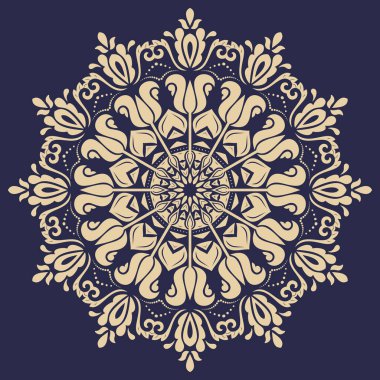 Arabesk ve çiçeklerle süslenmiş doğu vektör süsü. Geleneksel lacivert ve sarı klasik süs. Arabesk ile klasik desen