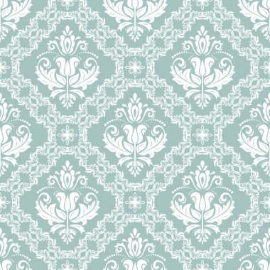 Klasik dikişsiz açık mavi ve beyaz vektör deseni. Damask oryantasyon süsü. Klasik klasik klasik arka plan. Kumaş, duvar kâğıtları ve ambalaj için doğu deseni