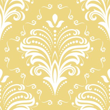 Çiçek sarısı ve beyaz vektör süsü. Çiçekli kusursuz soyut klasik arka plan. Çiçek elementlerinin tekrarlandığı desen. Duvar kağıdı ve ambalaj için süs