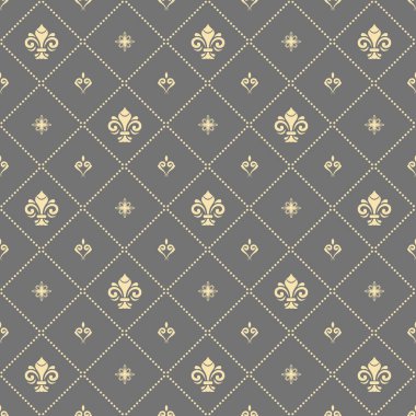 Kusursuz vektör deseni. Kraliyet zambaklarıyla modern geometrik süs. Klasik gri ve altın arkaplan