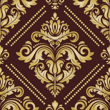 Klasik kusursuz vektör deseni. Damask oryantasyon kahverengi ve altın süs. Klasik klasik klasik arka plan. Kumaş, duvar kâğıtları ve ambalaj için doğu deseni