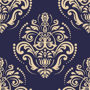 Orient vektör klasik desen. Klasik elementlerle kusursuz soyut bir arkaplan. Doğu donanması mavi ve altın desenli. Duvar kağıtları ve ambalaj için süs