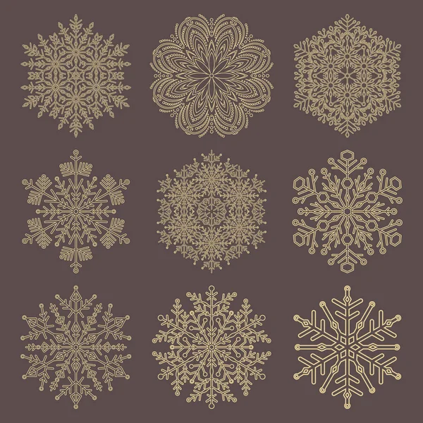 一组矢量雪花 收集褐色和黄色的冬季装饰品 雪花的收集 背景和设计的雪花 — 图库矢量图片