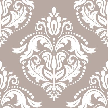 Orient vektörü klasik bej ve beyaz desenli. Klasik elementlerle kusursuz soyut bir arkaplan. Oryantasyon düzeni. Duvar kağıtları ve ambalaj için süs