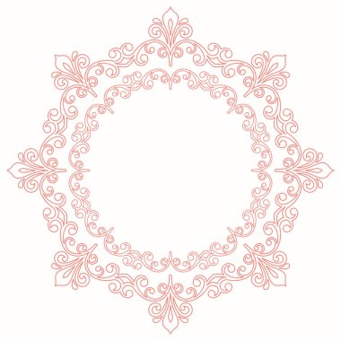 Arabesk ve çiçeklerle süslenmiş doğu vektör süsü. Geleneksel pembe yuvarlak klasik süs. Arabesk ile klasik desen