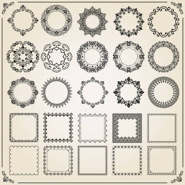 Eski tip vektör kare ve yuvarlak elementler. Özgeçmiş ve çerçeveler için elementler. Klasik siyah ve bej desenler. Eski model dizileri