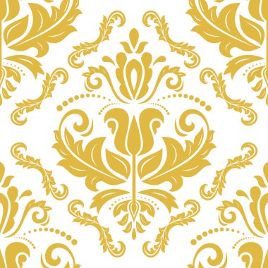 Klasik kusursuz vektör deseni. Damask oryantasyon süsü. Klasik altın ve beyaz bağbozumu. Kumaş, duvar kâğıtları ve ambalaj için doğu deseni