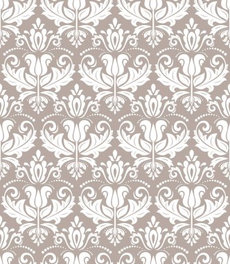 Klasik kusursuz vektör deseni. Damask oryantasyon süsü. Klasik klasik klasik arka plan. Kumaş, duvar kağıtları ve ambalaj için doğu kahverengi ve beyaz desen