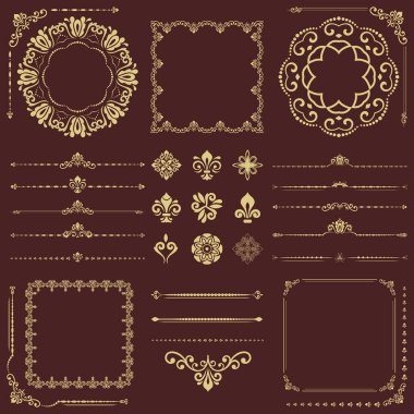 Vintage vektör yatay, kare ve yuvarlak elementler. Esmer ve altın elementler arka plan ve çerçeveler için. Klasik şablonlar. Eski model dizileri