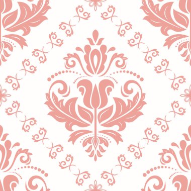 Klasik pembe ve beyaz kusursuz vektör deseni. Damask oryantasyon süsü. Klasik klasik klasik arka plan. Kumaş, duvar kâğıtları ve ambalaj için doğu deseni