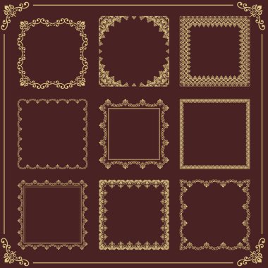 Vintage vektör kalıpları. Dekorasyon ve tasarım çerçeveleri, kartlar, menüler, arka planlar ve monogramlar için farklı kare unsurlar. Klasik kahverengi ve altın desenler.