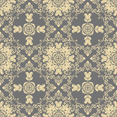 Klasik kusursuz vektör deseni. Damask oryantasyon süsü. Klasik gri ve altın sarısı bir arka plan. Kumaş, duvar kâğıtları ve ambalaj için doğu deseni