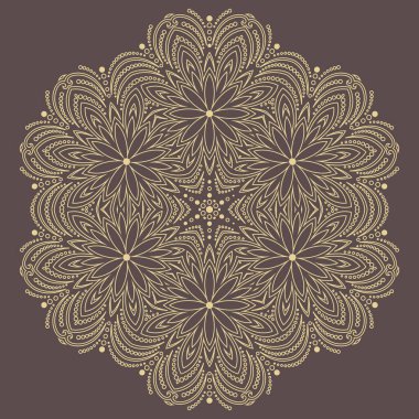 Yuvarlak vektör kar tanesi. Soyut kış kahverengi ve altın süsü. Kar taneli desen