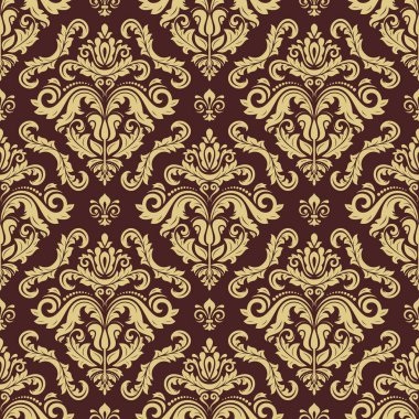 Klasik kusursuz vektör deseni. Damask kahverengi ve altın oryantasyon süsü. Klasik klasik klasik arka plan. Kumaş, duvar kâğıtları ve ambalaj için doğu deseni