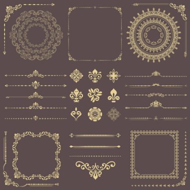 Vintage vektör yatay, kare ve yuvarlak elementler. Özgeçmiş ve çerçeveler için elementler. Klasik kahverengi ve altın desenler. Eski model dizileri