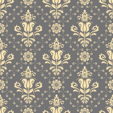 Klasik kusursuz vektör deseni. Damask oryantasyon süsü. Klasik kahverengi ve sarı arka plan. Kumaş, duvar kâğıtları ve ambalaj için doğu deseni