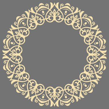 Arabesk ve çiçeklerle süslenmiş doğu vektör süsü. Geleneksel gri ve altın yuvarlak klasik süs. Arabesk ile klasik desen