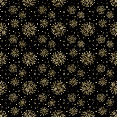 Siyah ve altın kar taneleri kümesi. Kış süsü koleksiyonu. Kar taneleri koleksiyonu. Arkaplan ve tasarımlar için kar taneleri