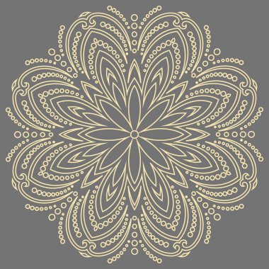 Arabesk ve çiçeklerle süslenmiş doğu vektör süsü. Geleneksel yuvarlak gri ve altın süs. Arabesk ile klasik desen