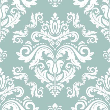 Klasik kusursuz vektör deseni. Damask oryantasyon süsü. Klasik klasik klasik arka plan. Kumaş, duvar kağıtları ve ambalaj için oryantasyon açık mavi ve beyaz desen